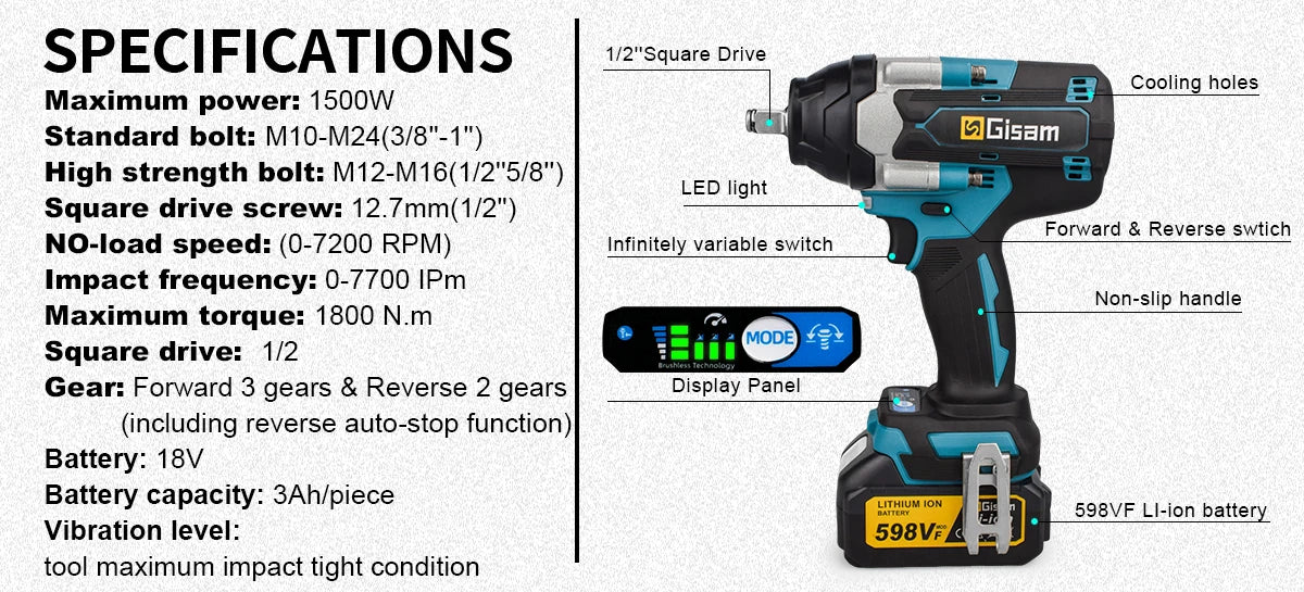 1800N.m Brushless Impact Wrench 1/2" for Makita 18V Battery Cordless