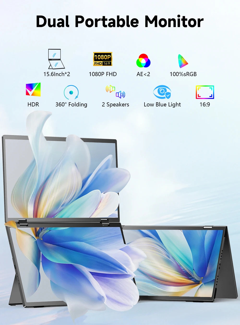 EVICIV 15.6" Dual Portable Monitor 1080P FHD With 360° Flip External Computer Display For PC Laptop Mac Phone Xbox PS4/5 Switch - Limetastore