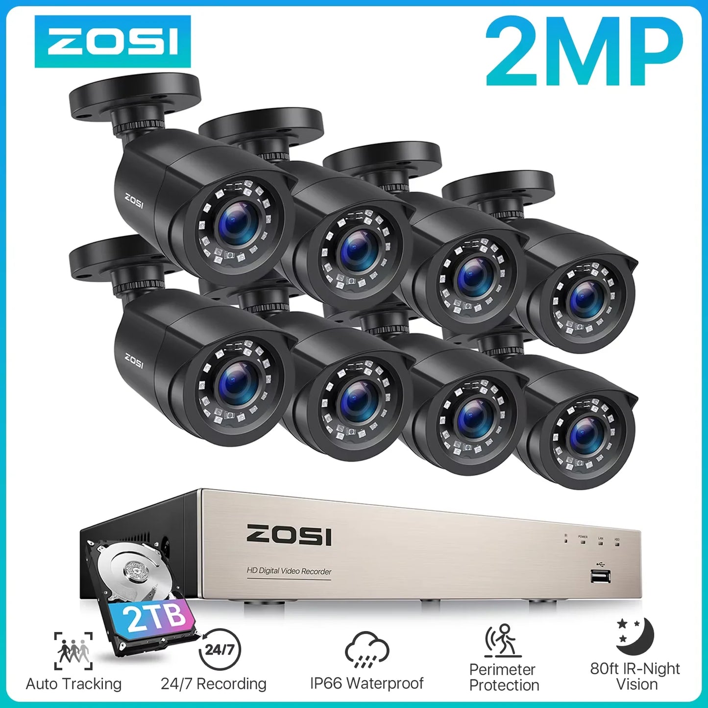 ZOSI 8CH 5MP Lite CCTV Security System – H.265+ HD‑TVI DVR Kit with 8× 1080p Outdoor Night Vision Cameras