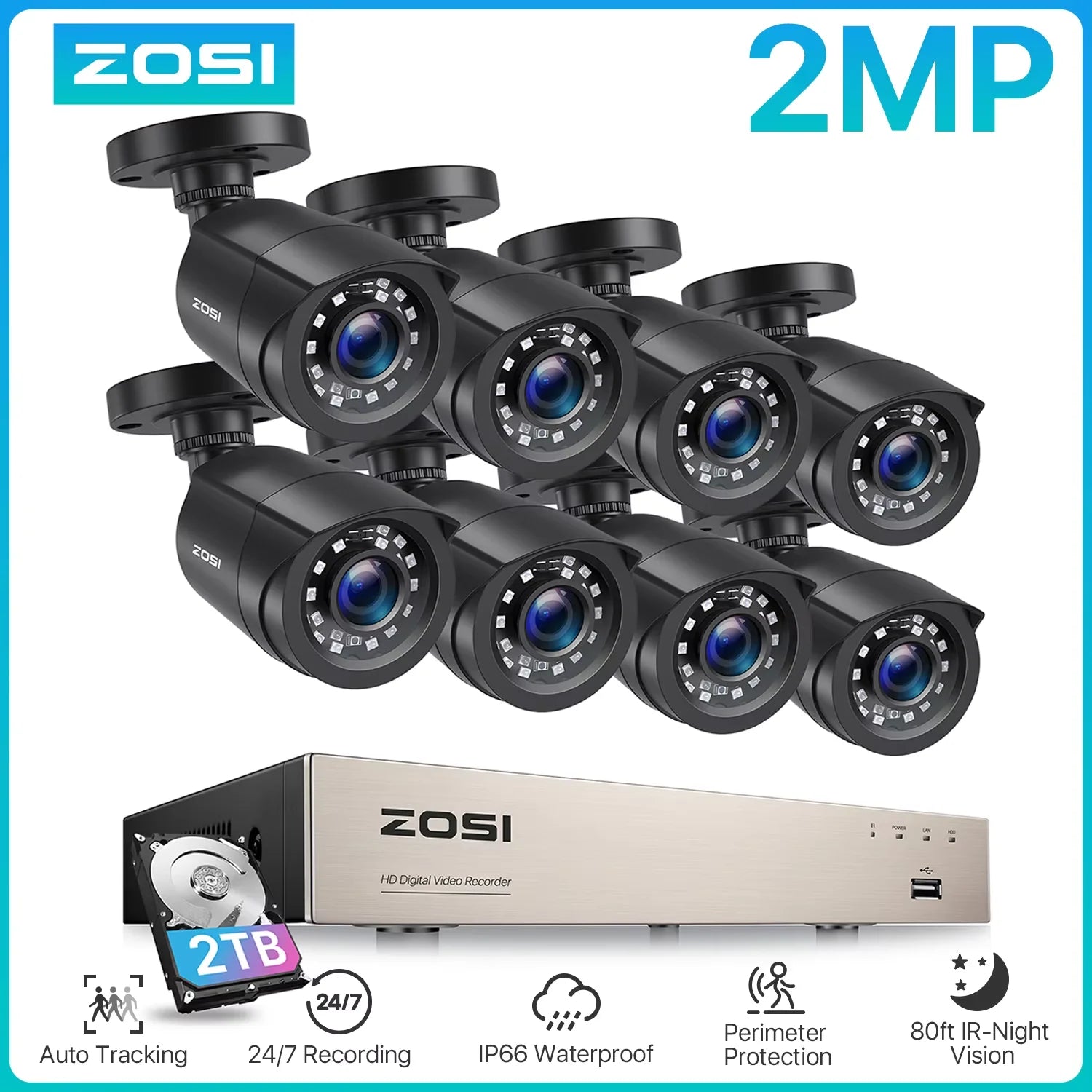 ZOSI 8CH 5MP Lite CCTV Security System – H.265+ HD‑TVI DVR Kit with 8× 1080p Outdoor Night Vision Cameras