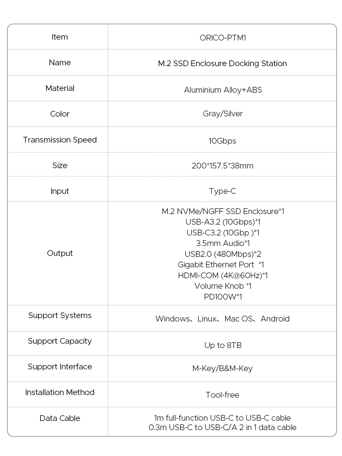 ORICO 10‑in‑1 USB‑C Docking Station with M.2 NVMe/SATA SSD Enclosure, 4K60Hz HDMI, PD100W