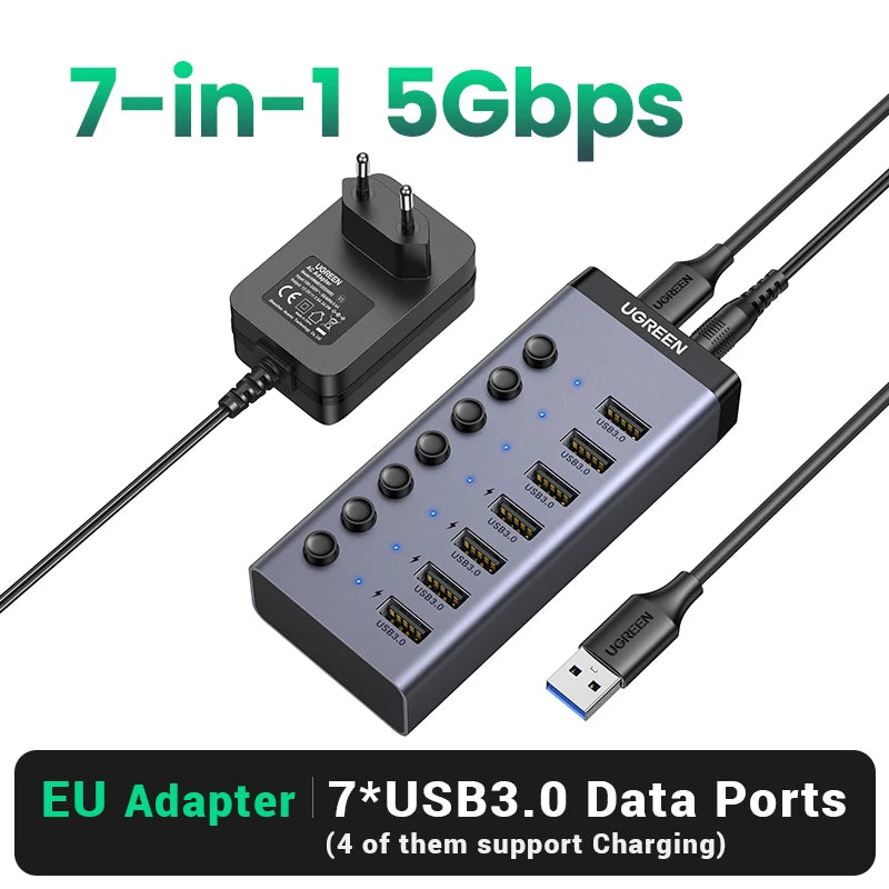 UGREEN 7‑Port USB 3.0 Hub with Individual Power Switches, 5Gbps High‑Speed Data