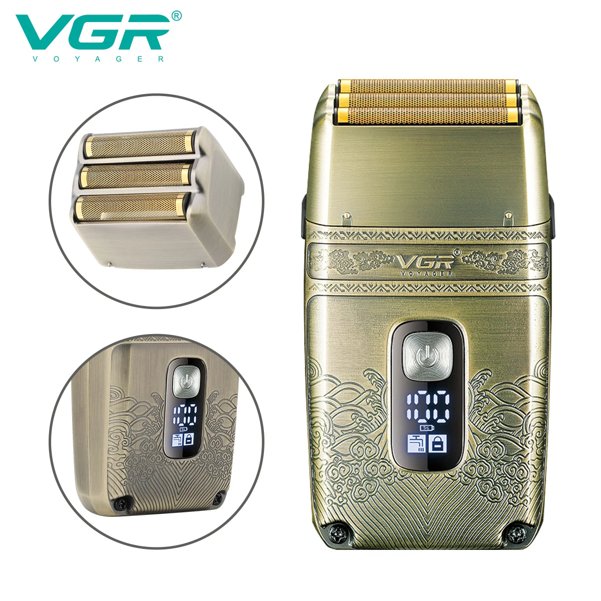 VGR Electric Shaver Professional Shaver Metal Beard Trimmer Titanium Blade Triple Foil Shaver for Bald Head LED Display V-335