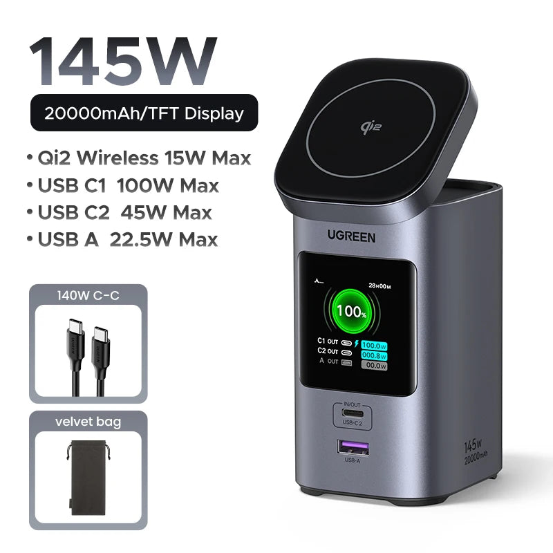 UGREEN 145W 20000mAh Power Bank – Qi2 15W Magnetic Wireless Charging Station