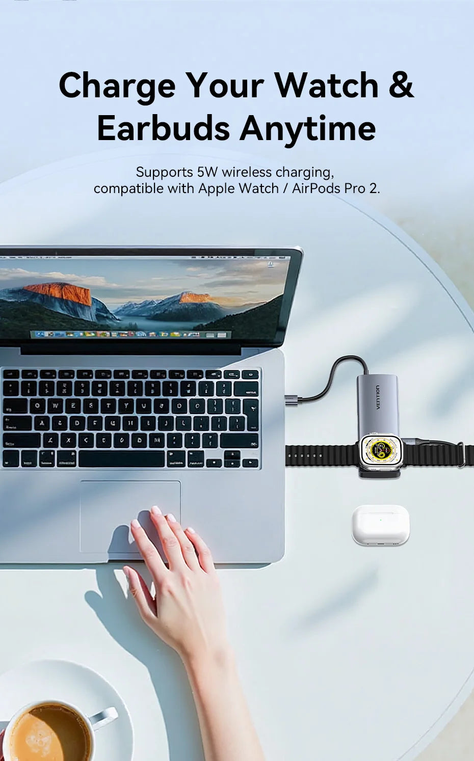 Vention USB‑C 6‑in‑1 Hub | 4K60Hz HDMI, PD 100W, USB 3.0, Apple Watch Wireless Charger