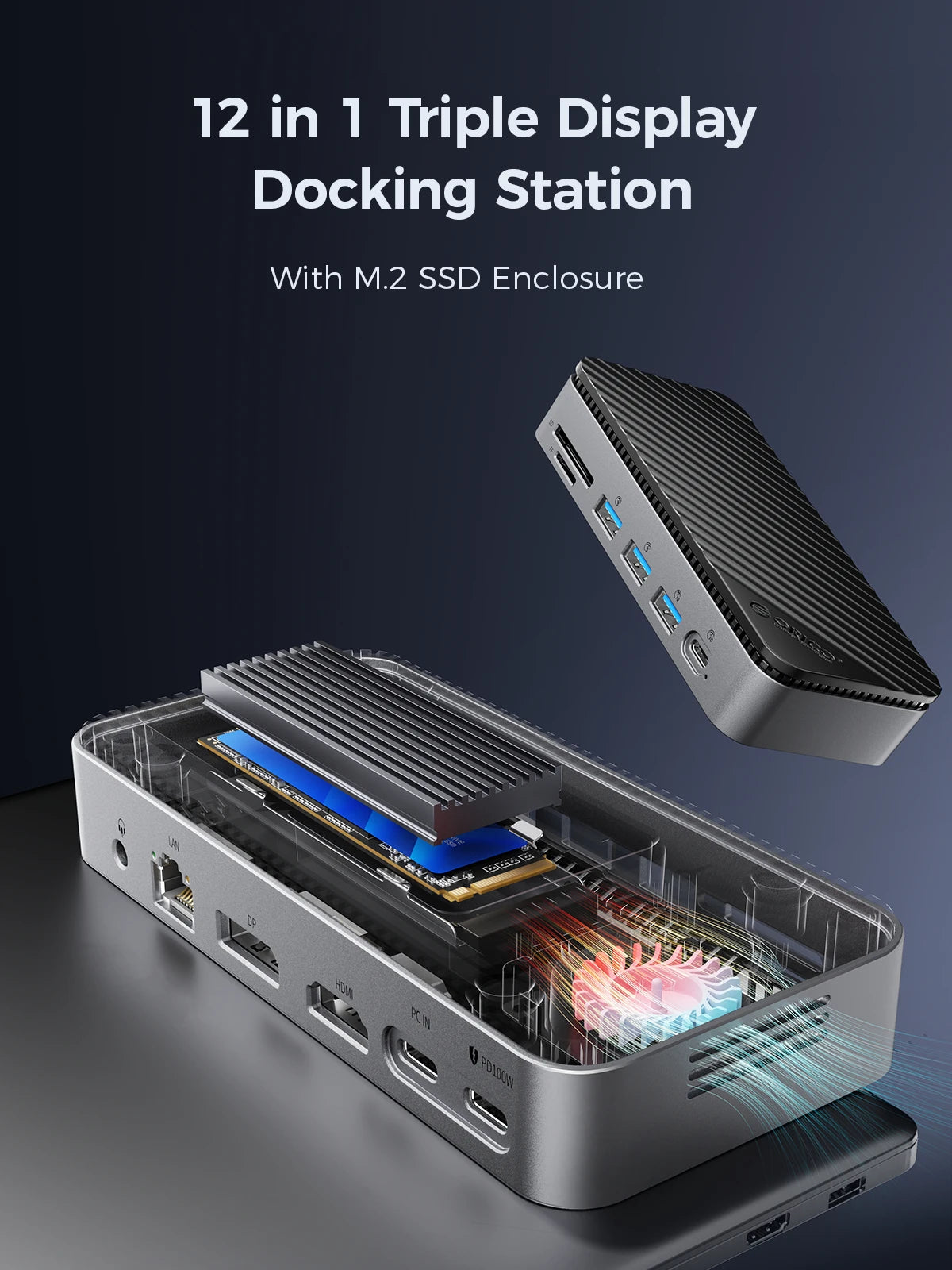 ORICO 10Gbps USB‑C Display Hub with M.2 NVMe/SATA SSD Enclosure, Cooling Fan, 4K60Hz HDMI