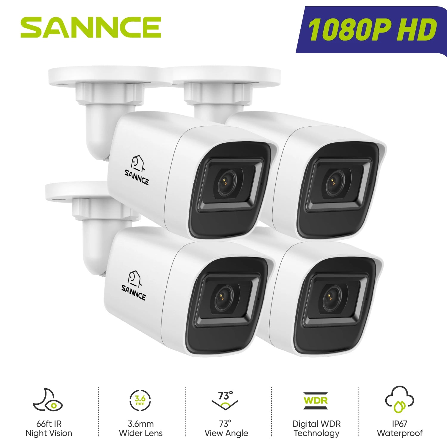 SANNCE 1080P 2MP CCTV Camera | IR‑Cut Night Vision, Audio Recording, Waterproof Housing (White)