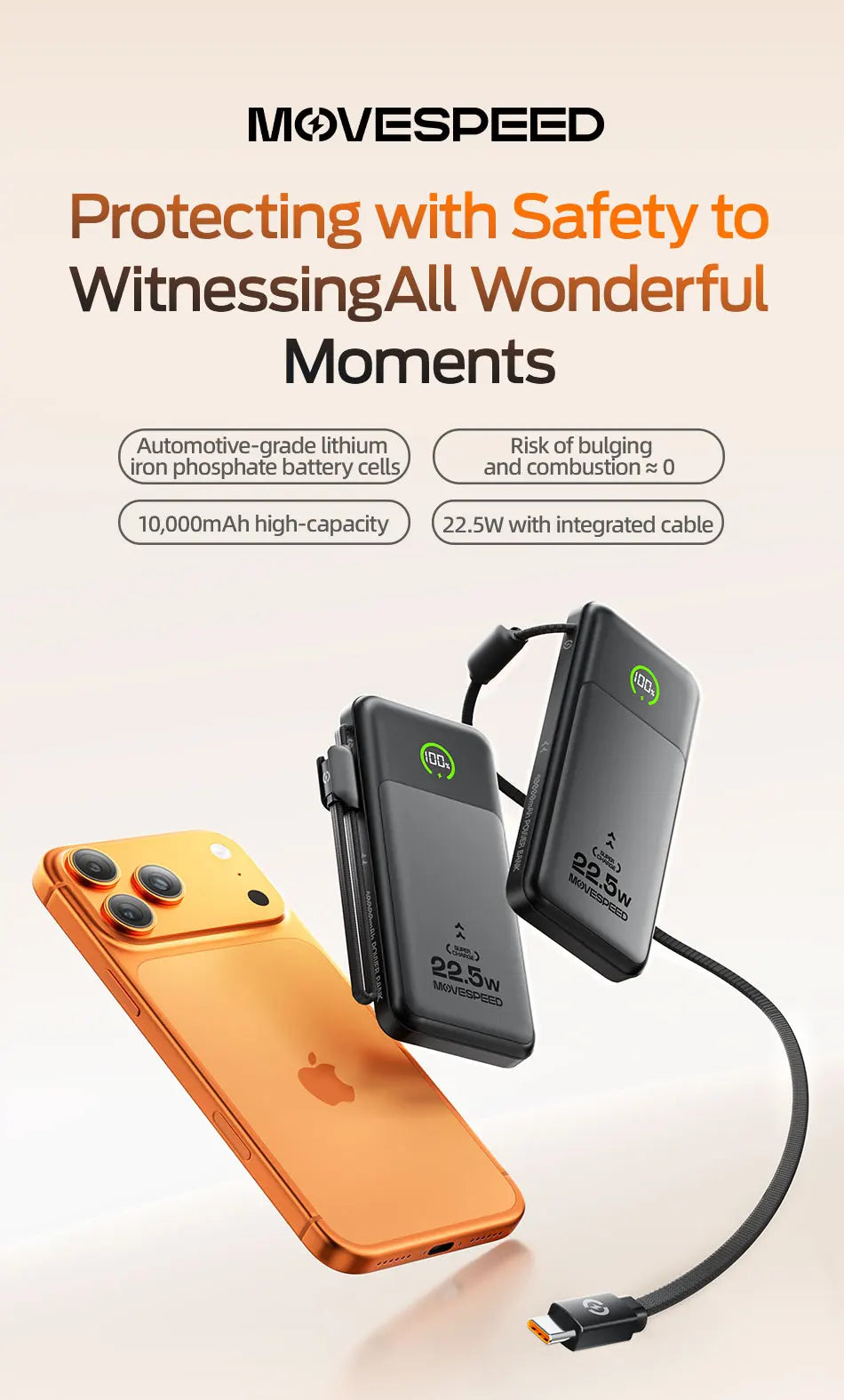 MOVESPEED P19 Power Bank 10000mAh with Built-in USB-C Cable