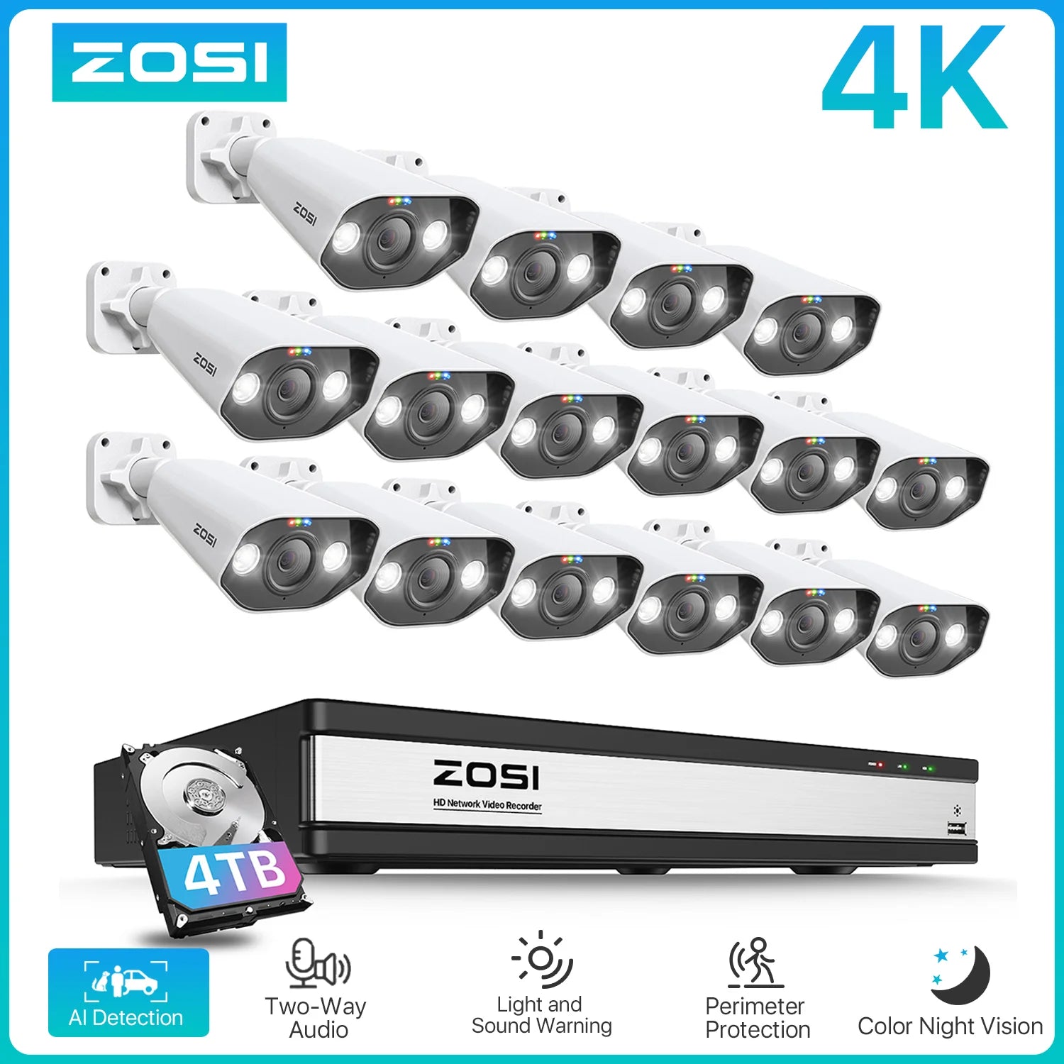 ZOSI 16CH 4K PoE Security Camera System – 8MP/5MP Outdoor IP Cameras with AI Person & Vehicle Detection