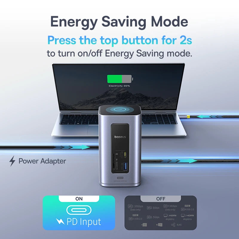 Baseus 12‑in‑1 USB‑C HUB | Dual HDMI 4K@60Hz, USB 3.2, RJ45, SD/TF, PD 100W Docking Station