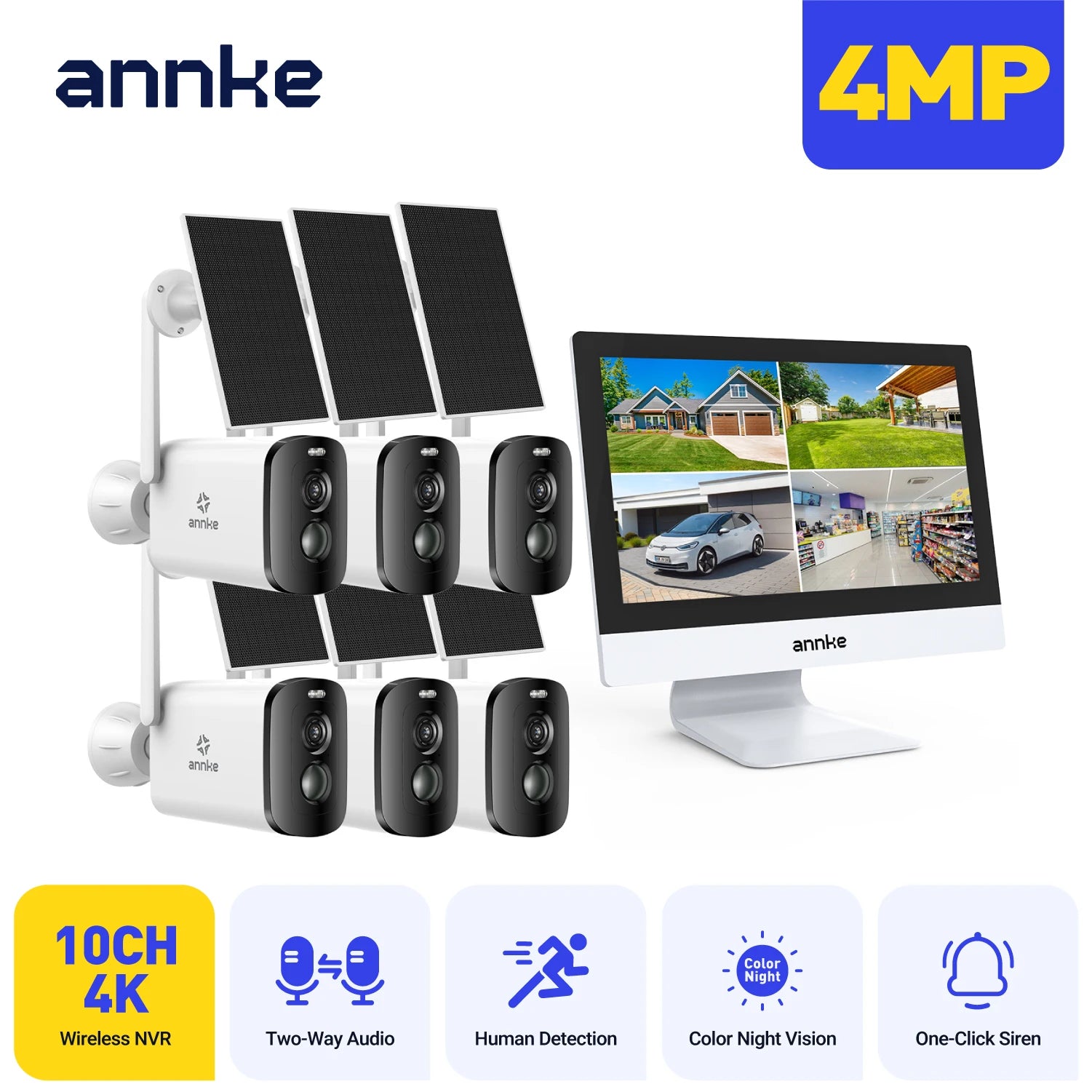 ANNKE 4MP Solar CCTV System | 10CH NVR, 5MP PTZ WiFi Cameras, PIR & Color Night Vision
