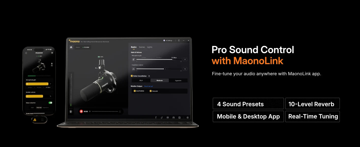 Maono PD200W – Hybrid Wireless Dynamic Podcast Microphone | XLR/USB Mic for PC, Phone & Camera