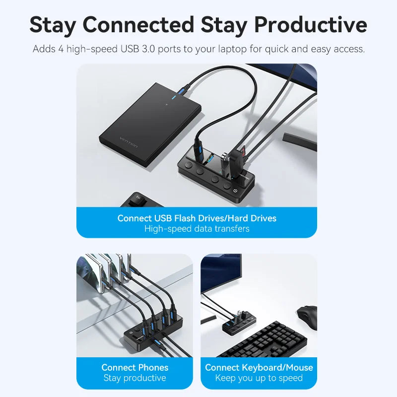 Vention USB 3.0 HUB with Individual Switches | 5Gbps High‑Speed USB‑A Port Extender