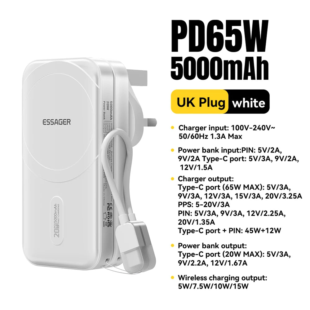 ESSAGER 3-in-1 Magnetic 65W GaN Charger Power Bank 5000mAh