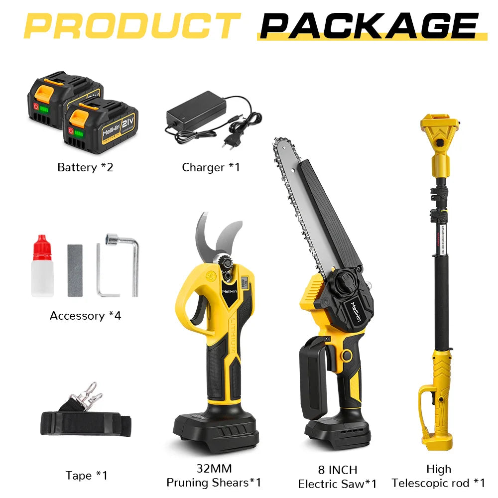 MELLWIN Brushless 4IN1 Telescoping Pole 8 Inch Chainsaw & 32MM Pruning Shears Set Garden Pruning Tool For Makita 18V Battery Pin - Limetastore