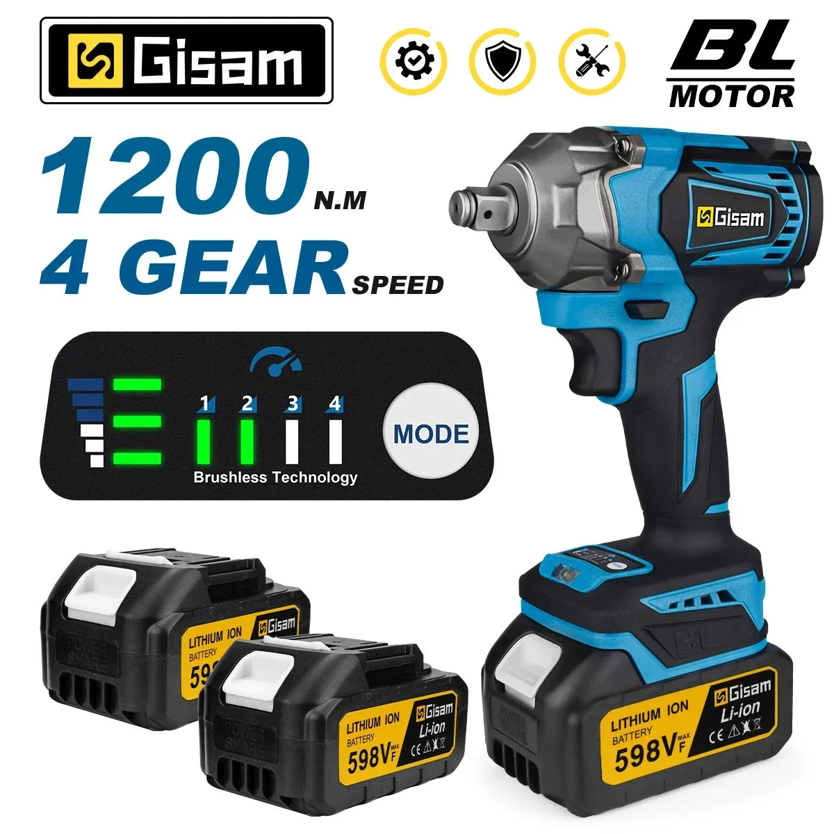 Gisam 1200N.m Brushless Impact Wrench 1/2" for Makita 18V