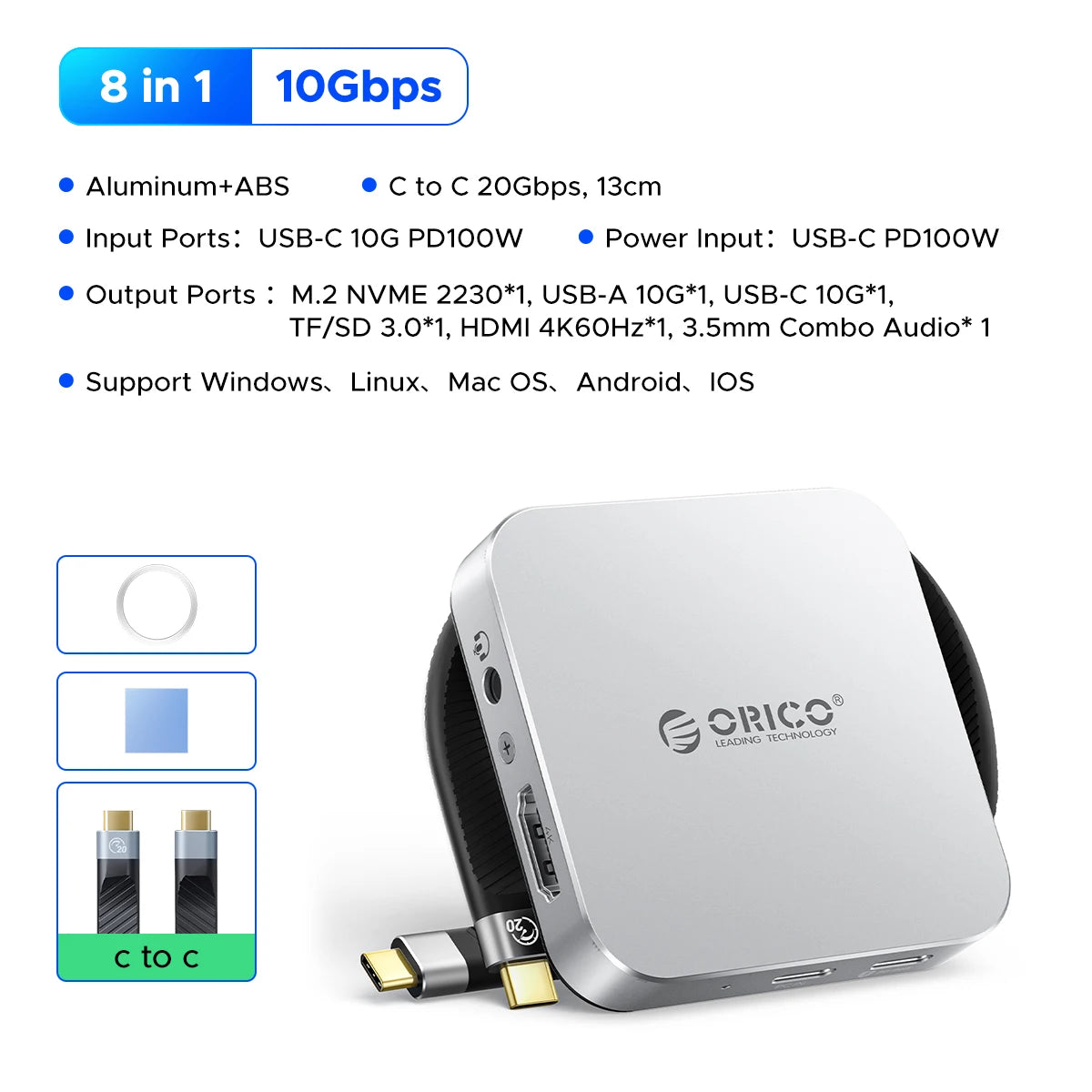 ORICO Magnetic M.2 2230 NVMe SSD Enclosure with 10Gbps USB‑C Docking Station