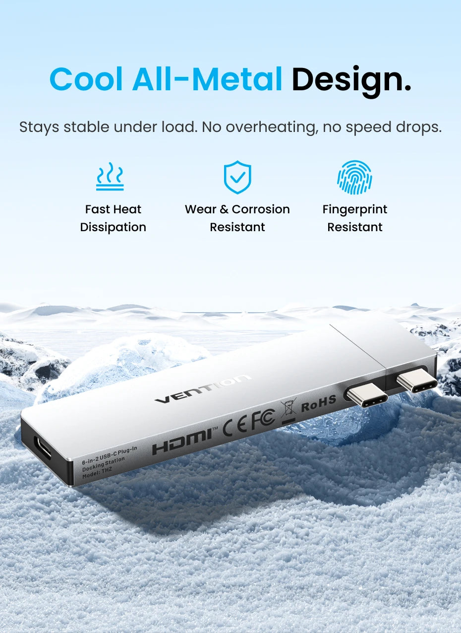 Vention 6‑in‑2 USB‑C Plug‑in Hub | Thunderbolt 4 80Gbps, 8K, HDMI 4K60Hz, USB 3.0 Dock for MacBook