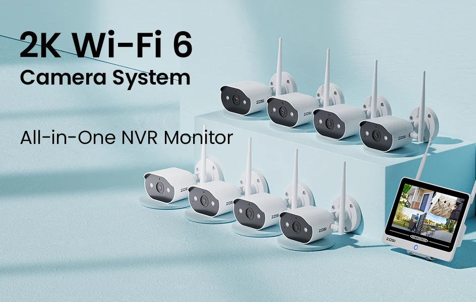 ZOSI 2K Wi‑Fi 6 8CH Security Camera System – 12'' LCD Monitor, 3MP Indoor/Outdoor Plug‑in WiFi Cameras