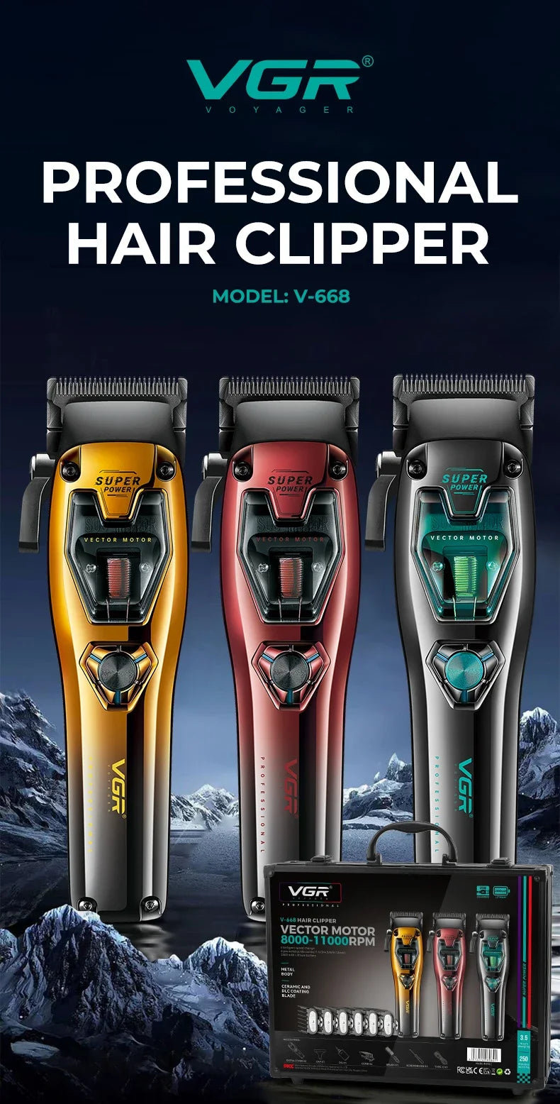VGR Trimmer Cordless Hair Clipper Rechargeable Hair Cutting Machine Vector Motor Barber 11000 RPM Metal Trimmer for Men V-668
