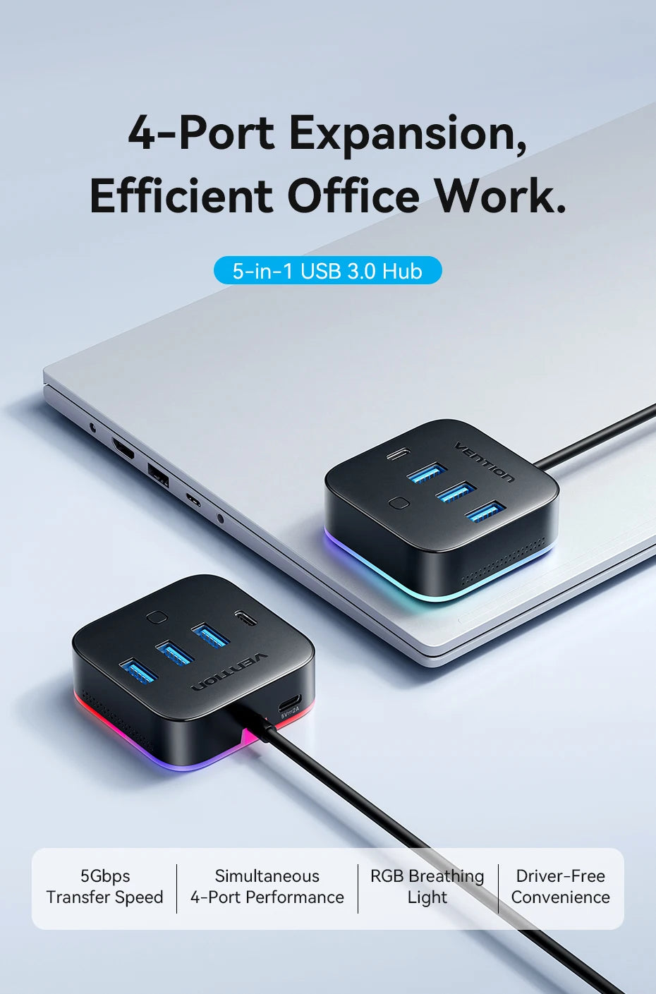 Vention USB 3.0 / USB‑C 3.2 Gen1 RGB Hub | 4‑Port 5Gbps Desktop Splitter for PC & Laptop