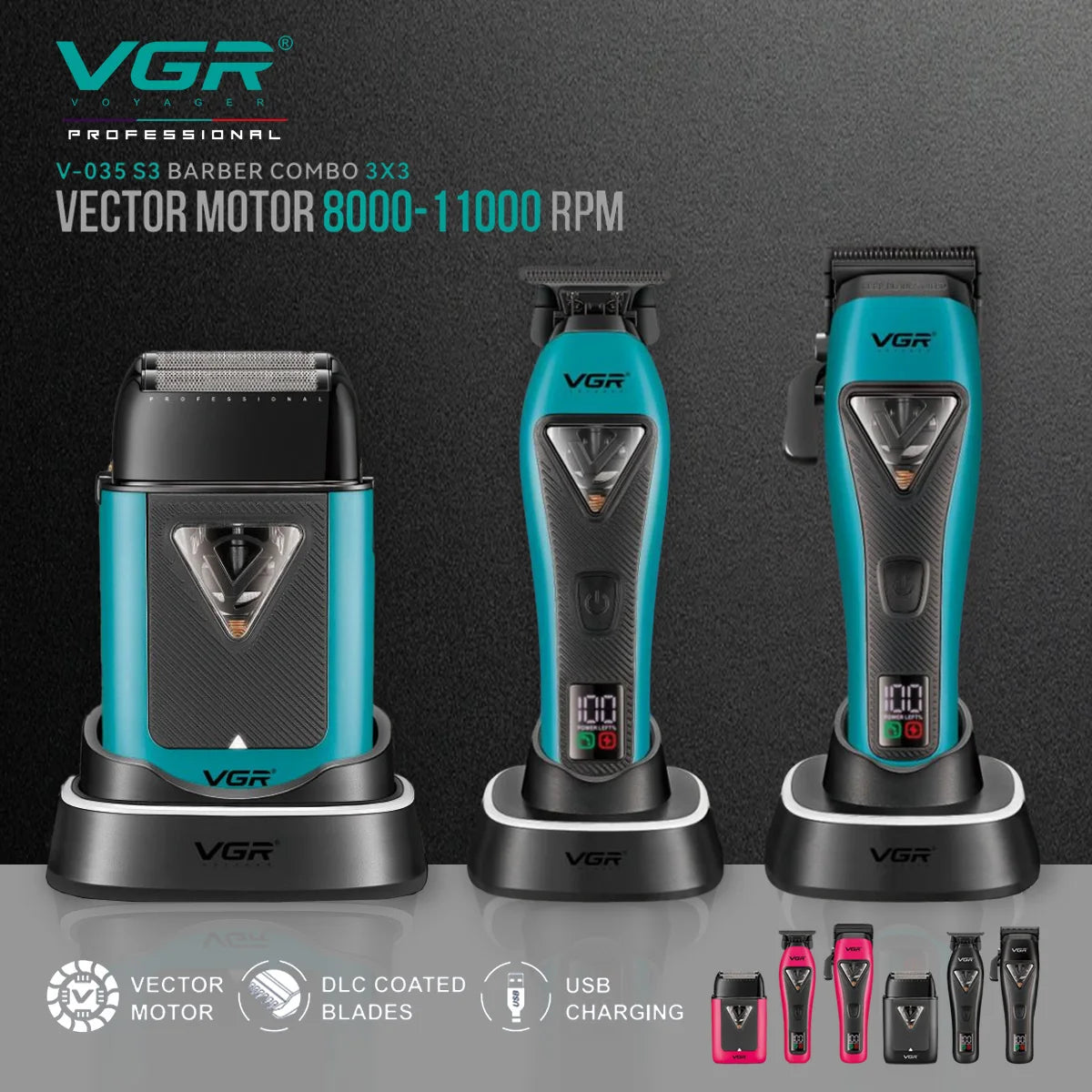 VGR Hair Trimmer Professional Hair Cutting Machine Cordless Beard Trimmer Electric Barber Clipper Metal Trimmer for Men V-035 S3