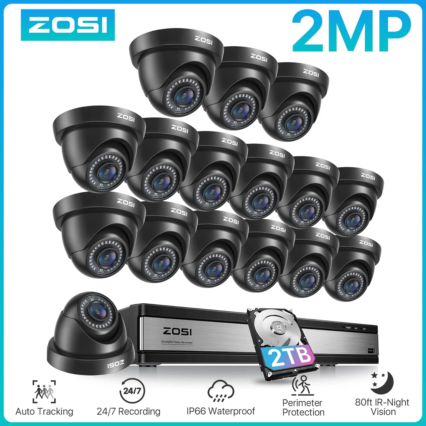 ZOSI 16CH 1080p Wired Security Camera System – H.265+ DVR with Human & Vehicle Detection
