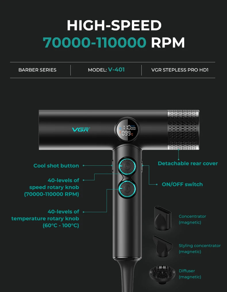 VGR Hair Dryer Professional Hot and Cold Adjustment 110000 RPM Hair Dryer Machine Powerful Hair Salon for Household Use V-401