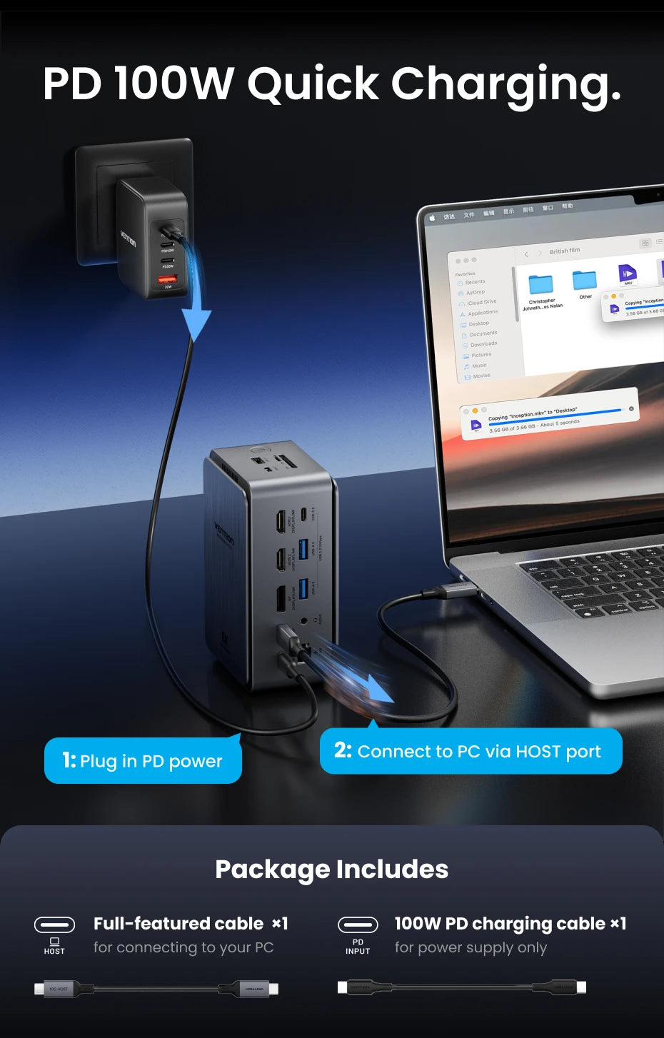 Vention USB‑C 13‑v‑1 Dock | 8K30Hz, MST, Smart Screen, USB 3.2 10Gbps, RJ45 za MacBook in Windows