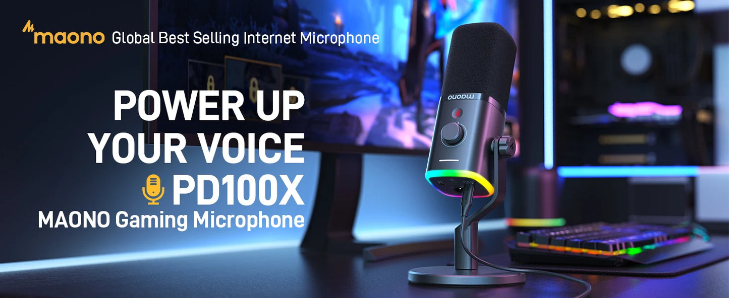 Maono PD100X – Dynamic RGB Gaming Microphone | USB Mic with Software Noise Reduction for Streaming & Recording