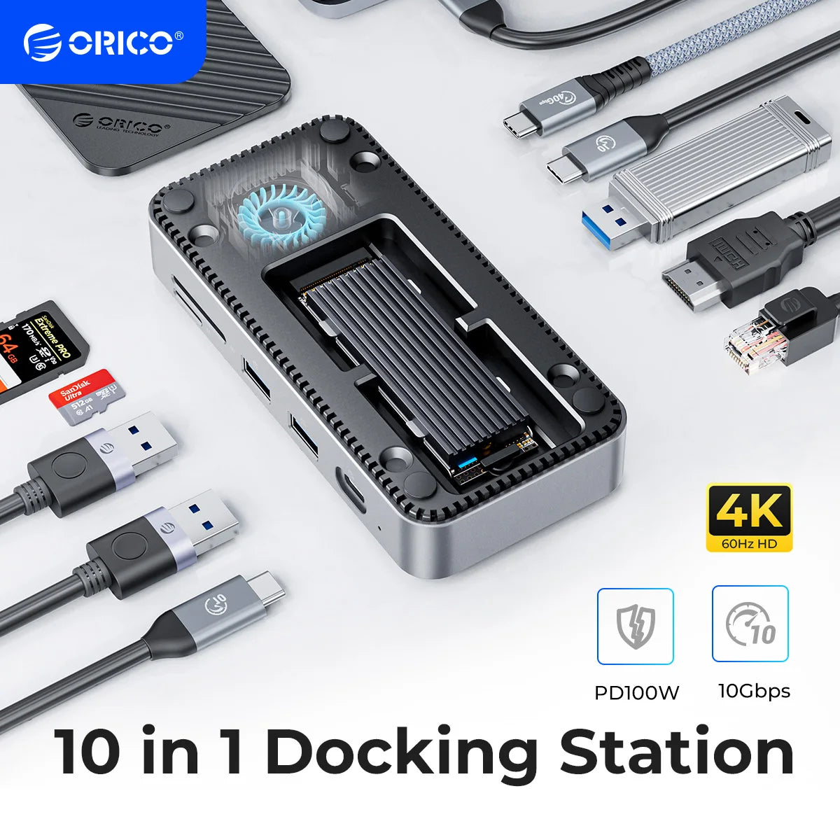 ORICO USB‑C Hub Docking Station with Cooling Fan, M.2 NVMe/SATA SSD Enclosure