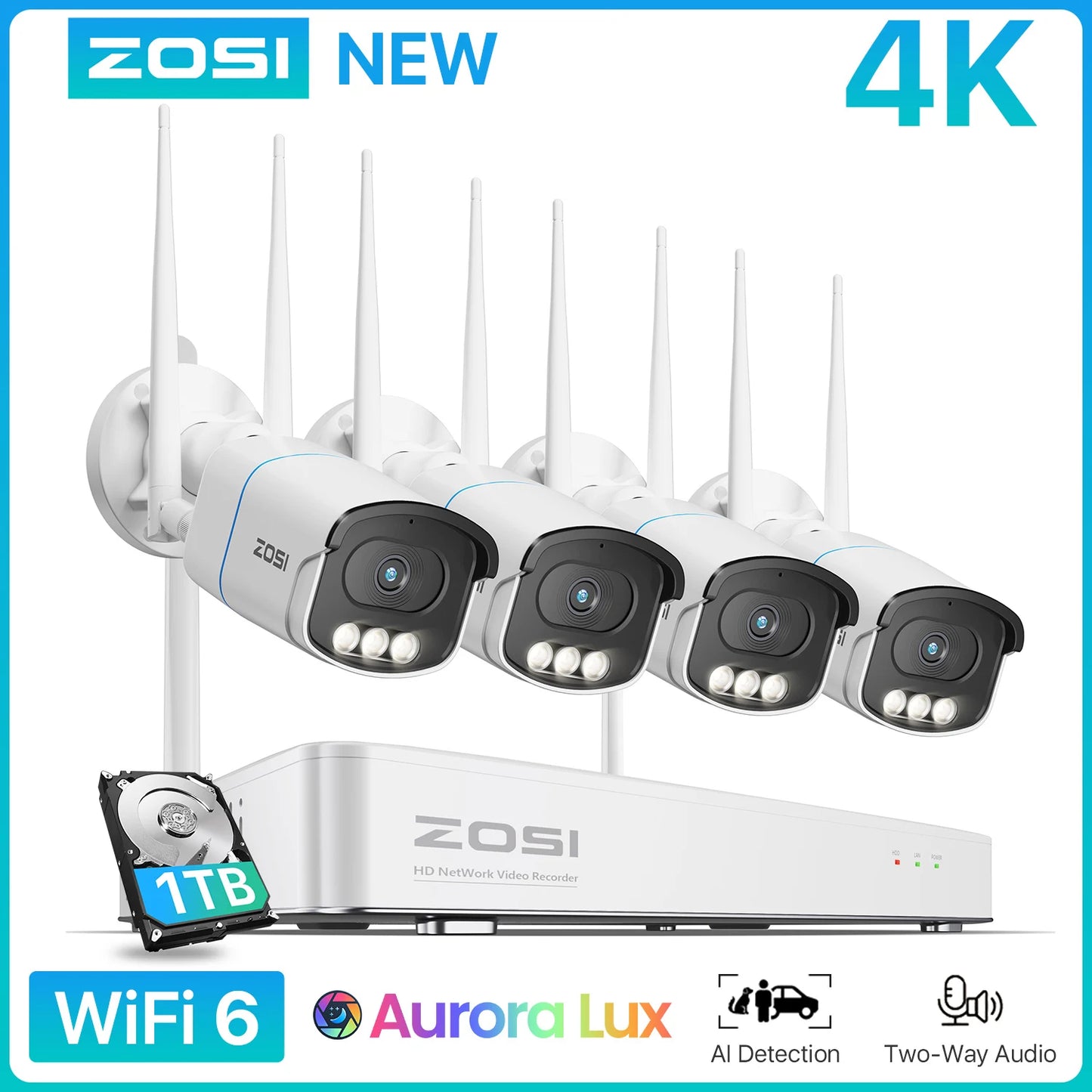 ZOSI 4K WiFi 6 Security Camera System – Aurora Lux True Color Night Vision, 8CH 8MP NVR with 8MP/5MP