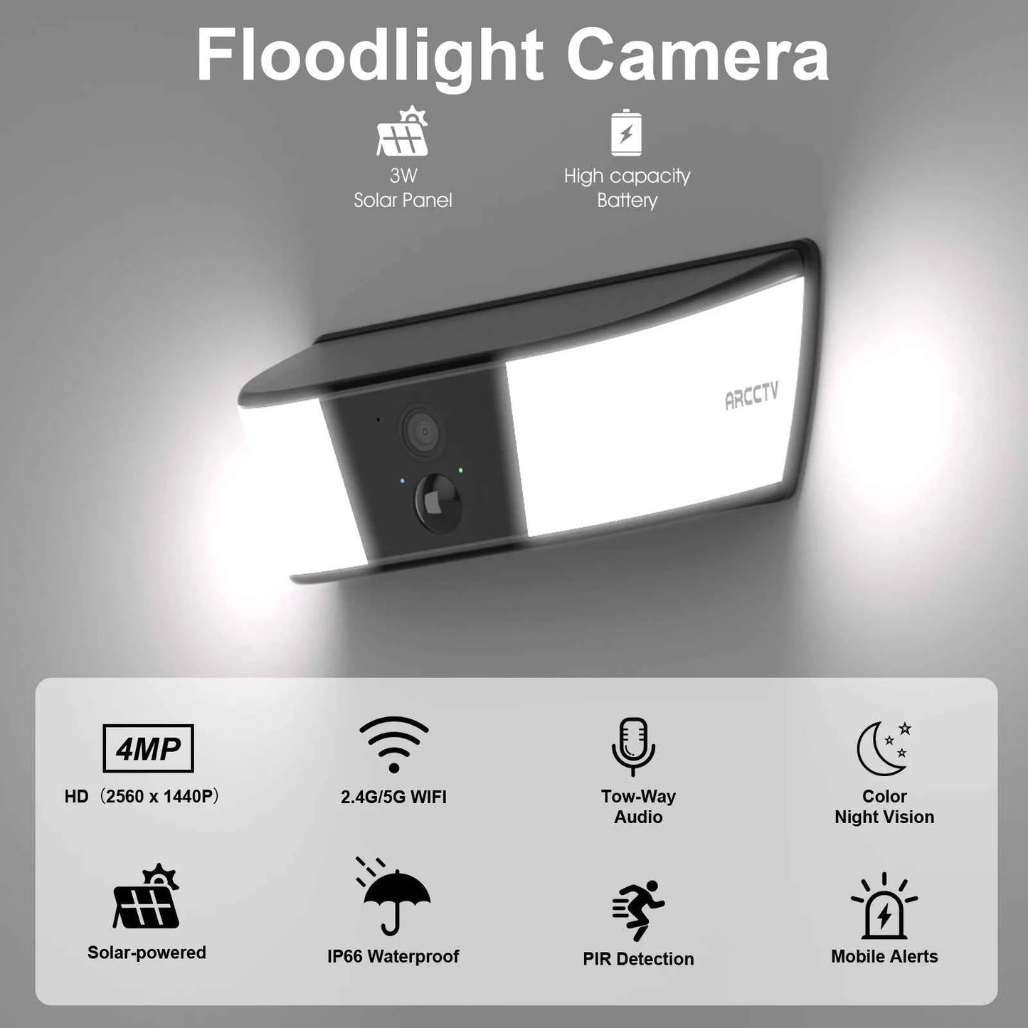 ARCCTV 4MP Solar WiFi Camera Security Outdoor Wireless Floodlight Camera Humanoid Detection Alarm Surveillance HD Two Way Audio - Limetastore