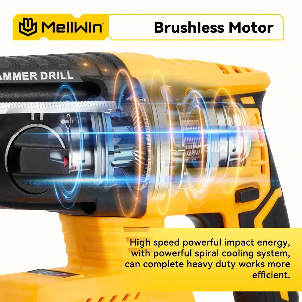 MELLWIN 26MM Brushless Electric Hammer Drill Cordless Household Rotary Impact Hammer Power Tool For Makita 18V Battery Pin - Limetastore