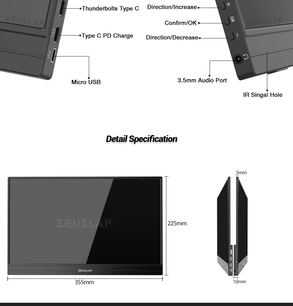ZEUSLAP 15.6" Portable Monitor | Ultrathin 1080P FHD HDR IPS, Touch/Non‑Touch, USB‑C & HDMI