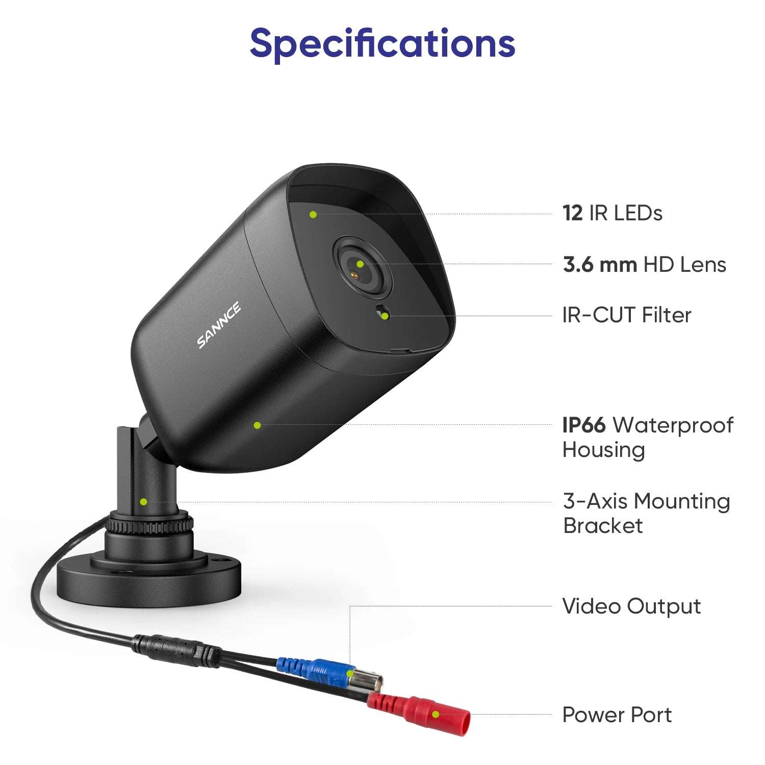 SANNCE 5MP TVI Cameras | 4× IR Night Vision, 12 IR LEDs, 3.6mm Lens, BNC Cable