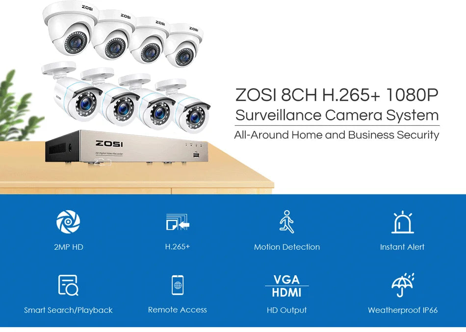 ZOSI 8CH 1080p Wired Security Camera System – H.265+ DVR Recorder with 8× 2MP Outdoor HD‑TVI CCTV Cameras