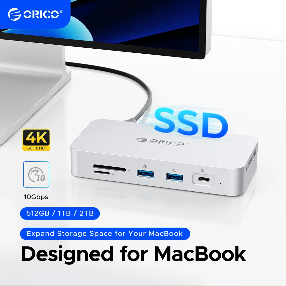 ORICO DataLink PSSD 2TB External SSD Docking Station with USB‑C 10Gbps, 4K60Hz HDMI