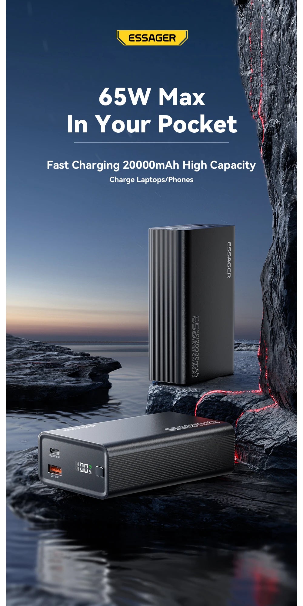 ESSAGER 20000mAh Power Bank 65W PD Fast Charging Portable