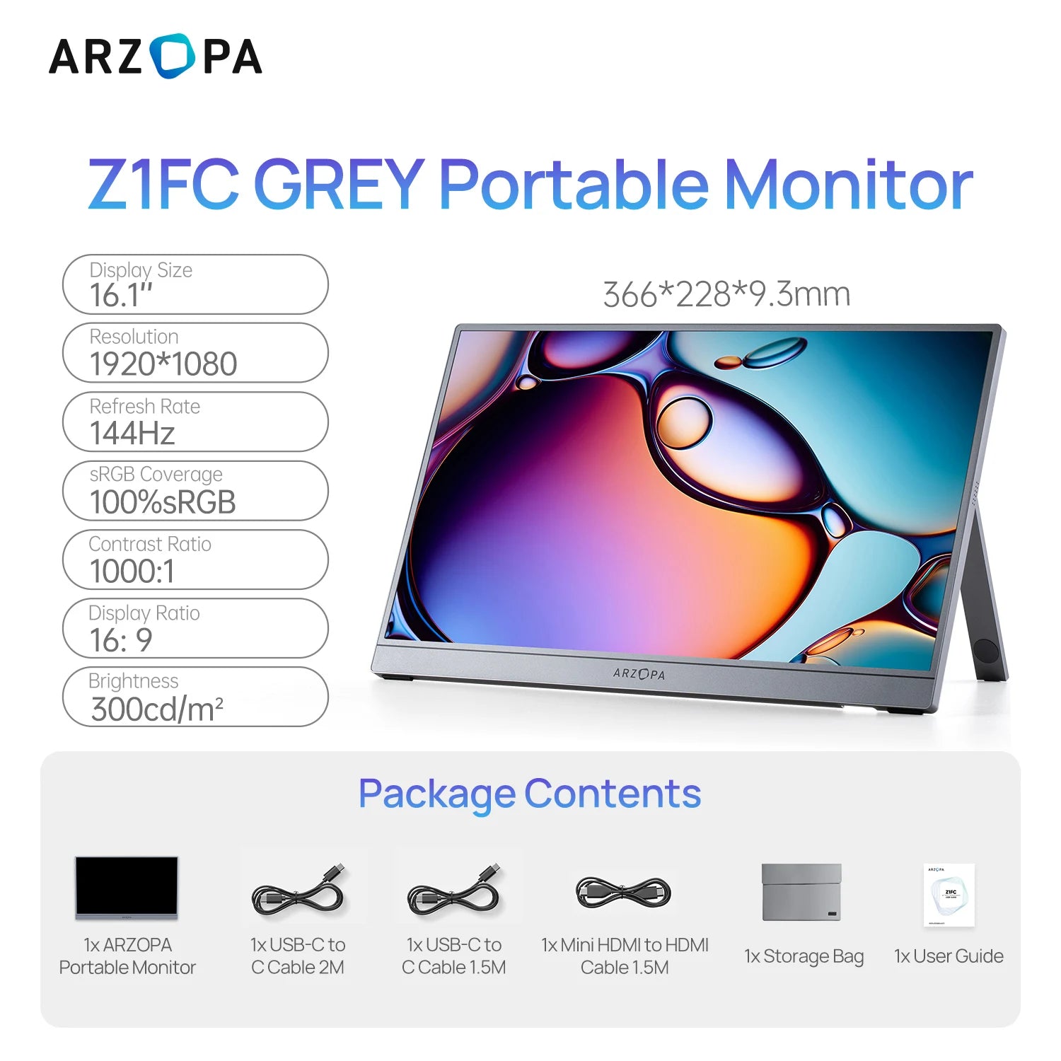 ARZOPA Z1FC 16.1" Portable Gaming Monitor | 144Hz, 1080P FHD, 106% sRGB, IPS, USB‑C & HDMI