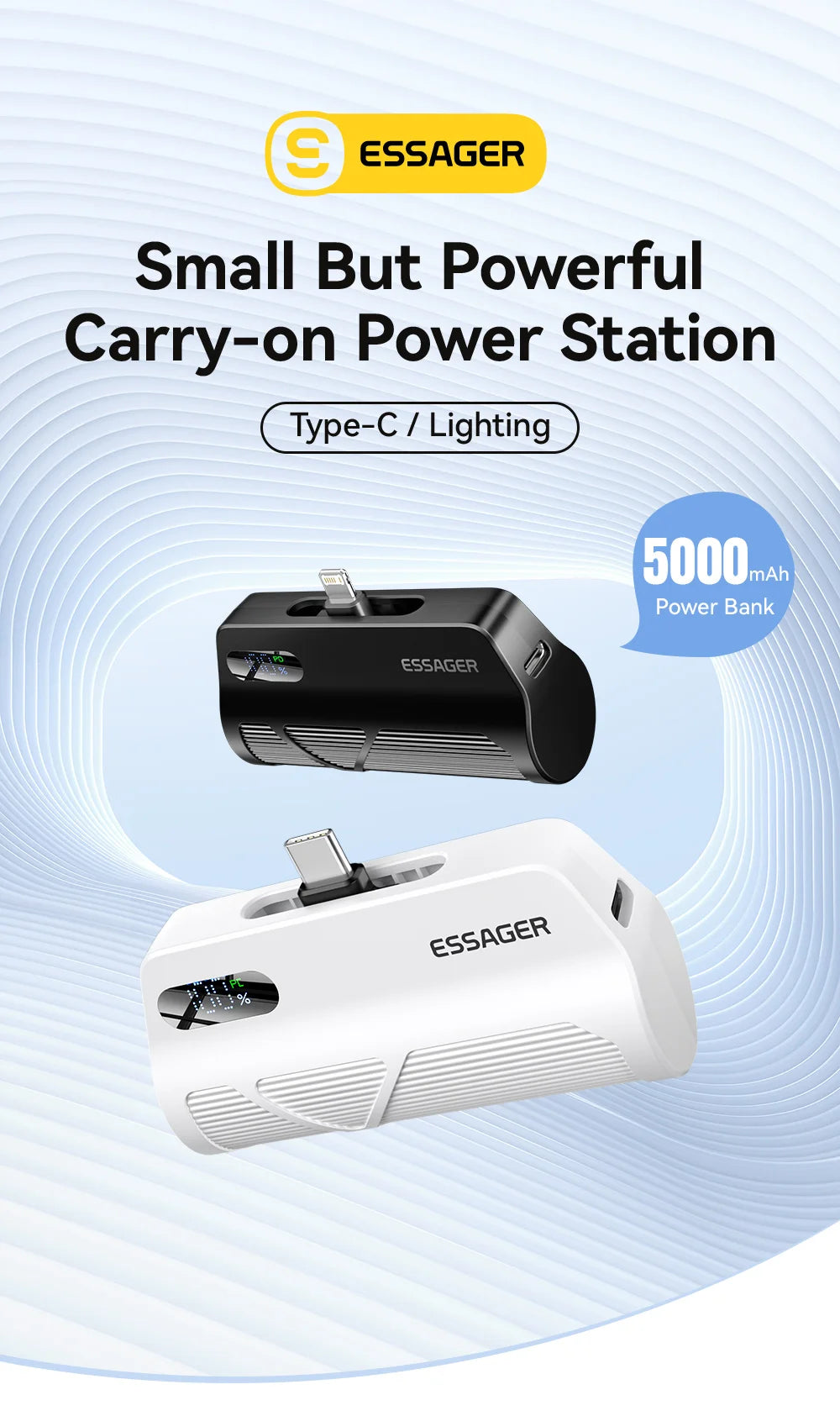 ESSAGER Mini Capsule Power Bank 5000mAh 20W PD Fast Charging