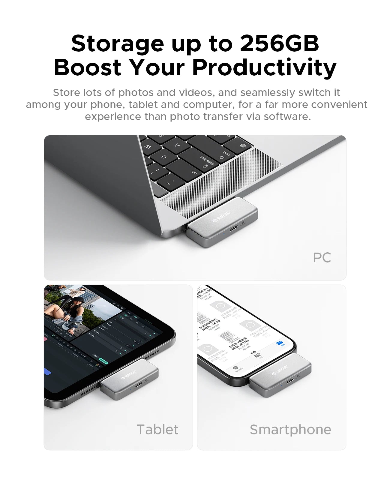 ORICO FlashPod 256GB Mini Portable SSD with Direct Plug, ProRes Recording Support & PD100W Fast Charging