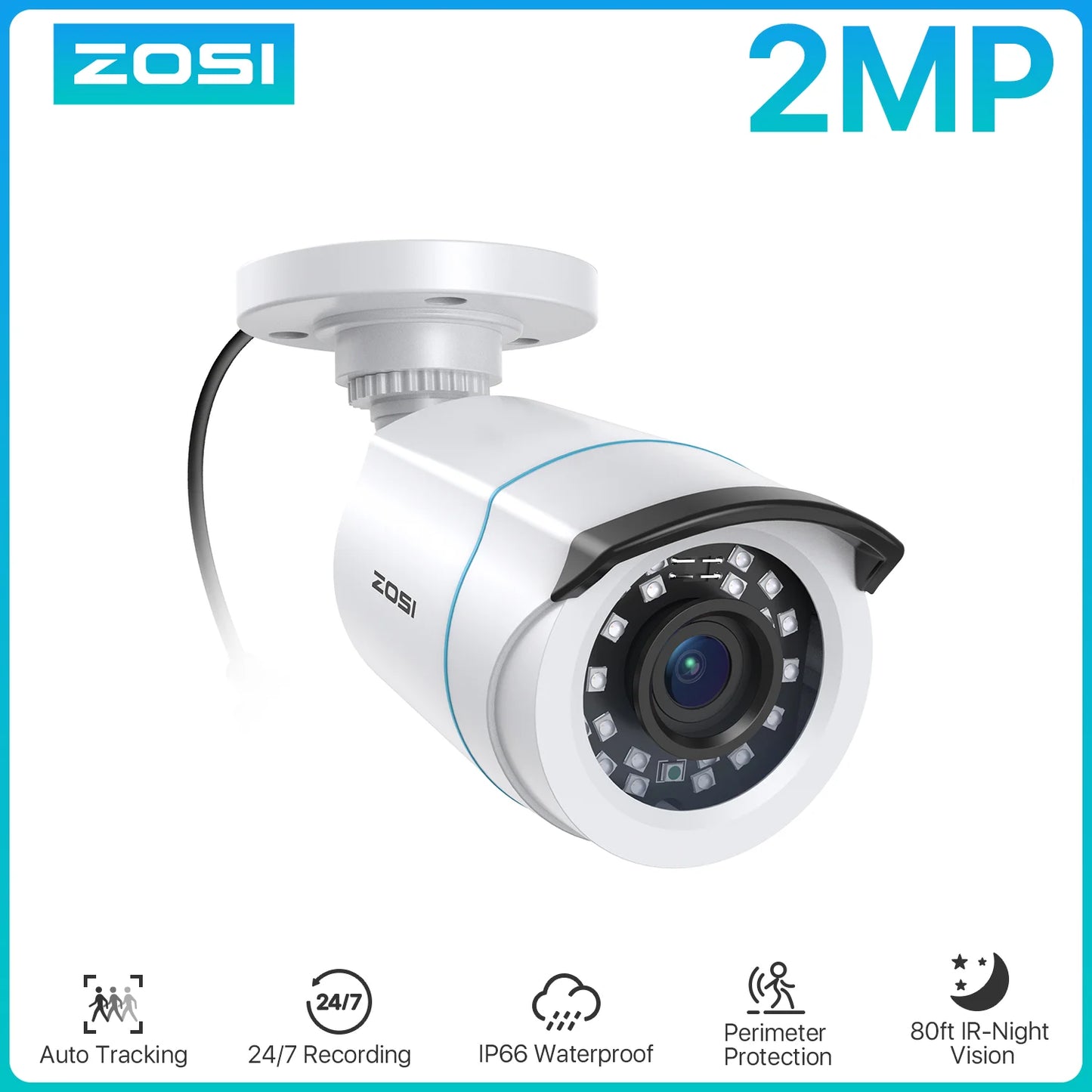 ZOSI 1080p 2MP 4‑in‑1 Security Bullet Camera – H.265, IR Night Vision, Weatherproof Outdoor