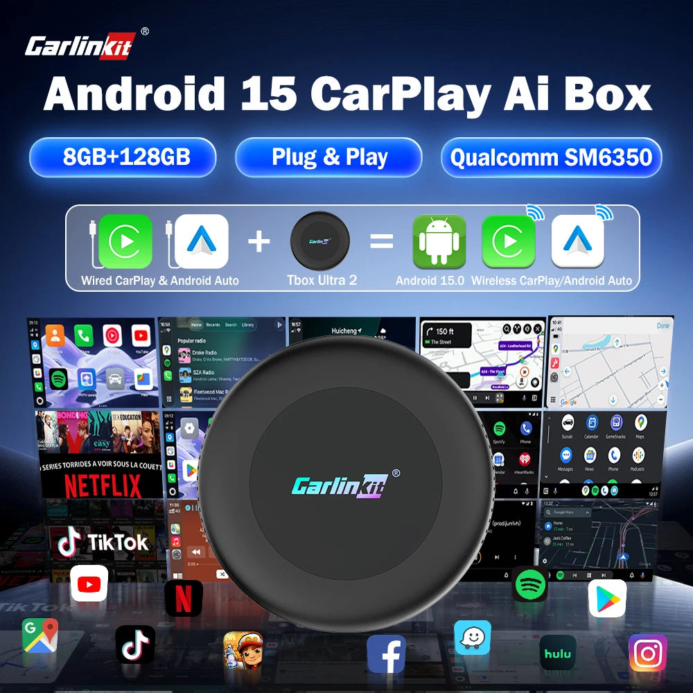 CarlinKit Android 15 SM6350 8+128GB Wireless CarPlay AI Box