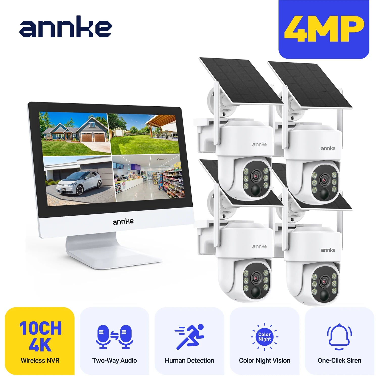 ANNKE 4MP Solar CCTV System | 10CH NVR, 5MP PTZ WiFi Cameras, PIR & Color Night Vision