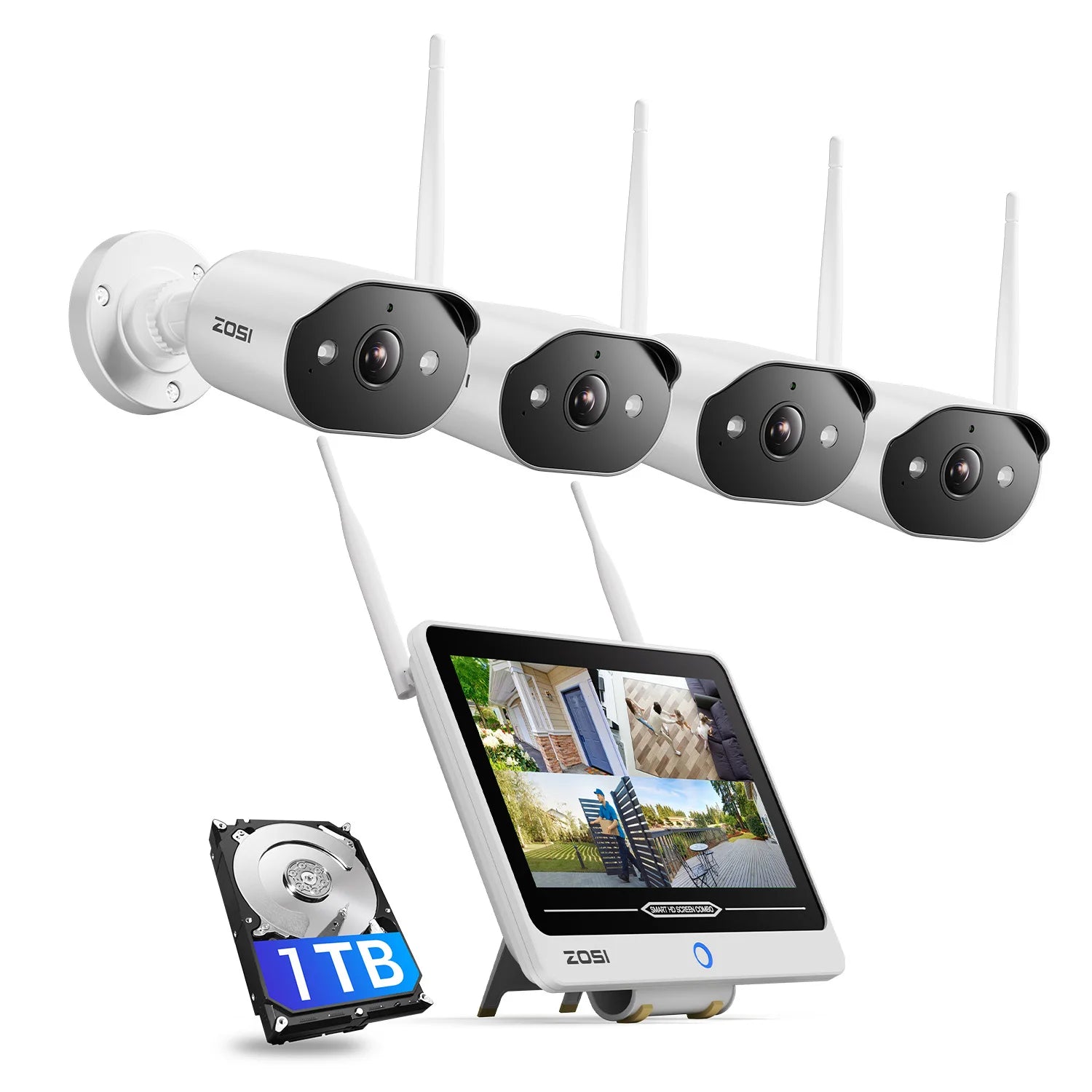 ZOSI 2K Wi‑Fi 6 8CH Security Camera System – 12'' LCD Monitor, 3MP Indoor/Outdoor Plug‑in WiFi Cameras