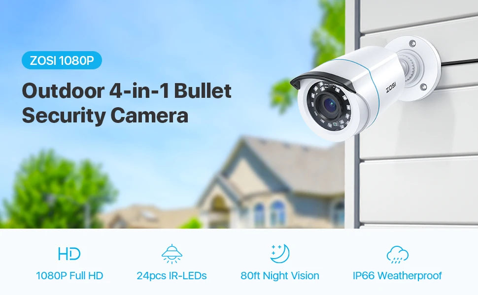 ZOSI 1080p 2MP 4‑in‑1 Security Bullet Camera – H.265, IR Night Vision, Weatherproof Outdoor