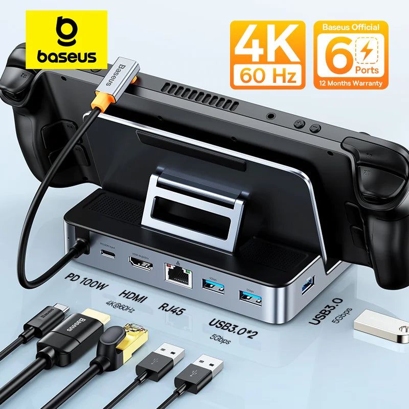 Baseus 6‑in‑1 USB‑C Docking Station | HDMI 4K@60Hz, RJ45, USB 3.0, PD 100W