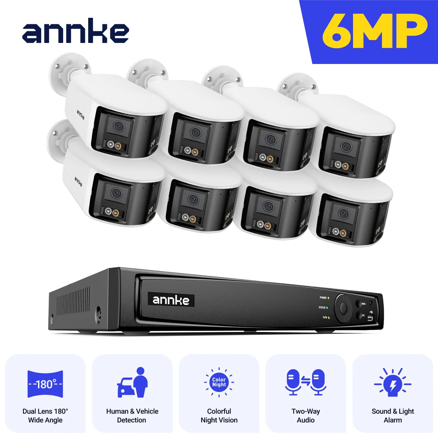 ANNKE 4K 8MP Panoramic Dual‑Lens PoE System | 8CH NVR, 180° View, IR Night Vision, 6MP Cameras