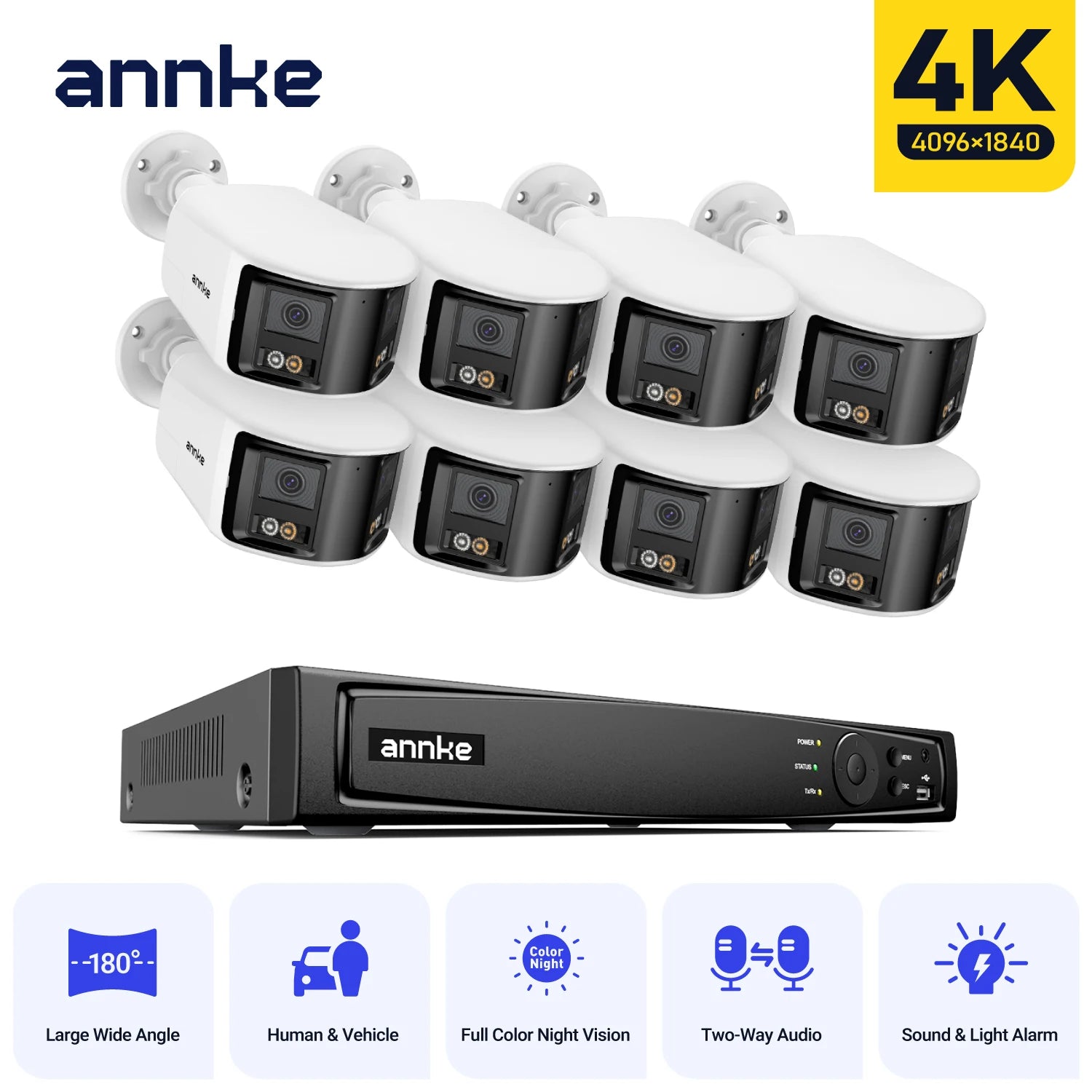 ANNKE 4K 8MP Panoramic Dual‑Lens PoE System | 8CH NVR, 180° View, IR Night Vision, 6MP Cameras